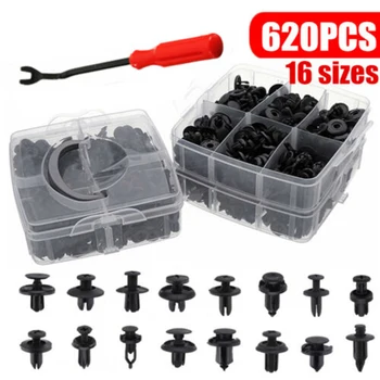

16 Kinds Rivets Assortment Black Fasteners Clips With Removal Plier 620Pcs