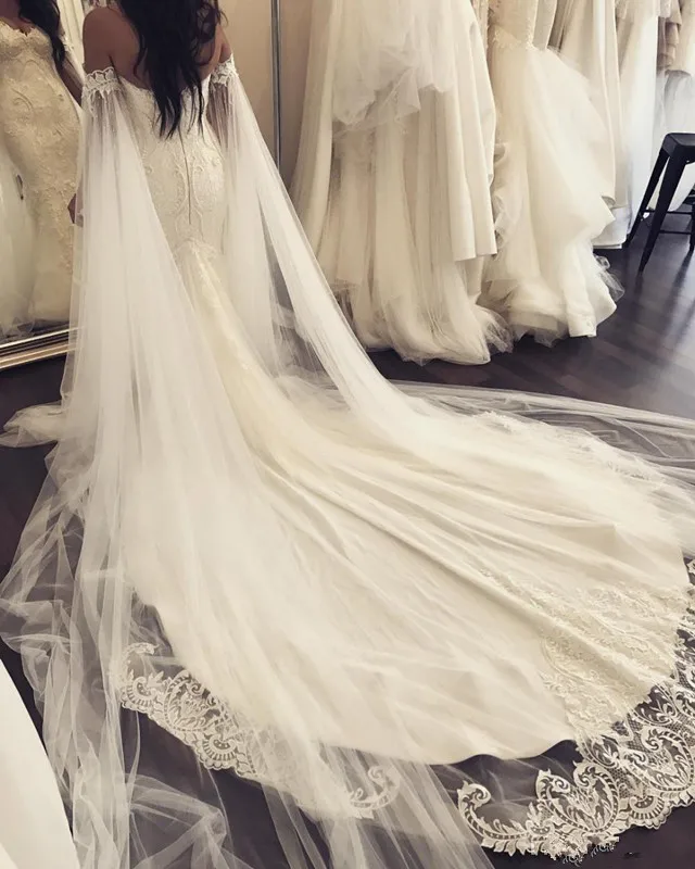 С открытыми плечами Русалка Свадебные платья с шалью Robe de mariee Аппликация Кружева Бисероплетение Жемчуг размера плюс свадебное платье свадебные платья