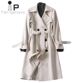 

Women Long Windbreaker High Quality Classic Turndown Belt With Double Breasted Trench Coat Women Office Lady Business Outerwear