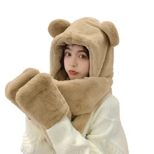 Sparsil Woman Winter Hat Scarf and Gloves Faux Rabbit Fur Hats Cute Ear Fullfy 3 Piece Set Thicken Warm Girls Windproof Beanies