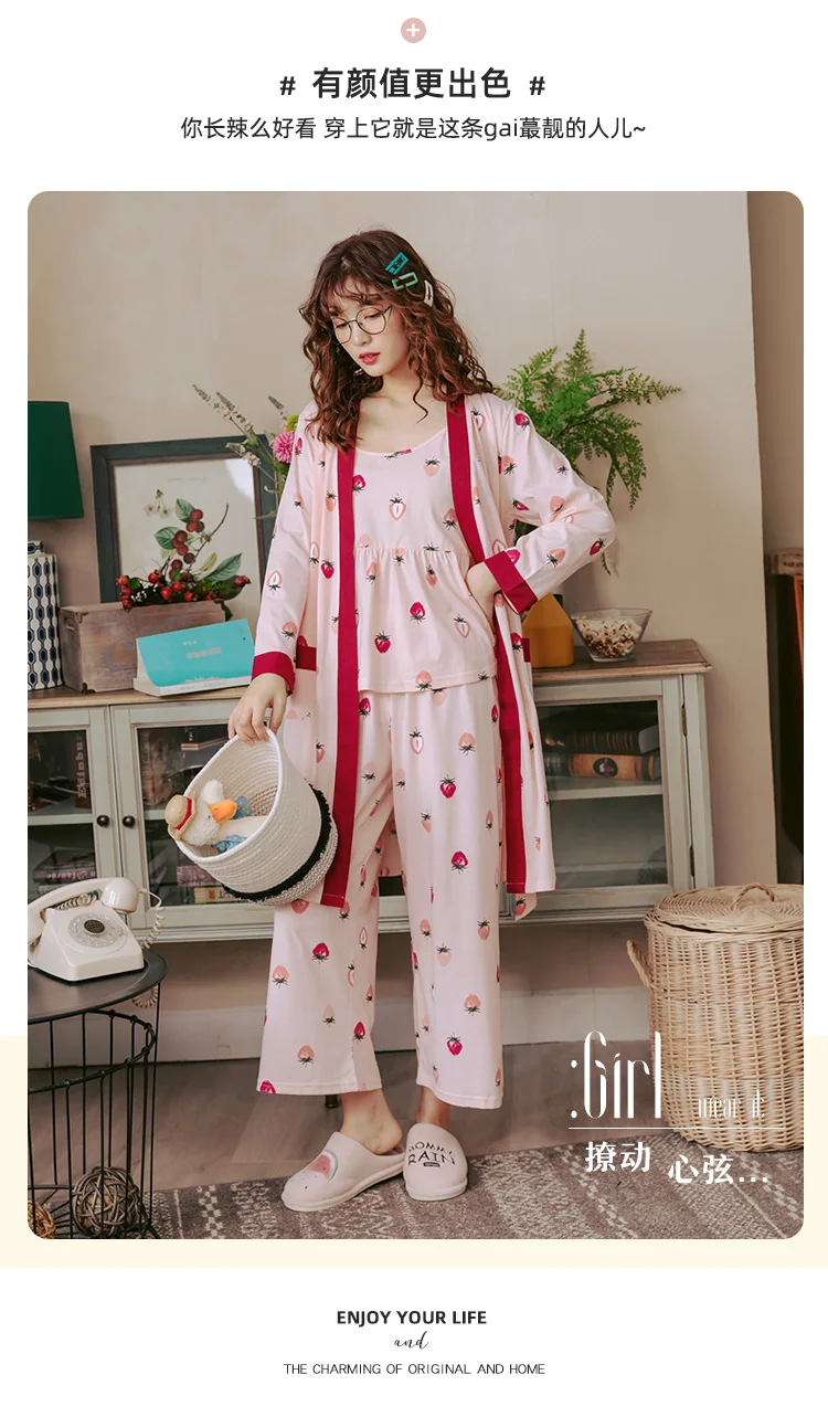 Новая Хлопковая пижама, женская пижама в японском стиле, домашняя одежда, костюм пижама, женская пижама, пижамный комплект из 3 предметов, Цветочная одежда с принтом