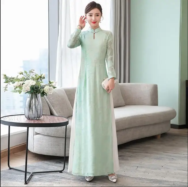 Г. Вьетнамское платье с длинными рукавами Cheongsam Традиционный китайский платье осенний аозай - Цвет: light green