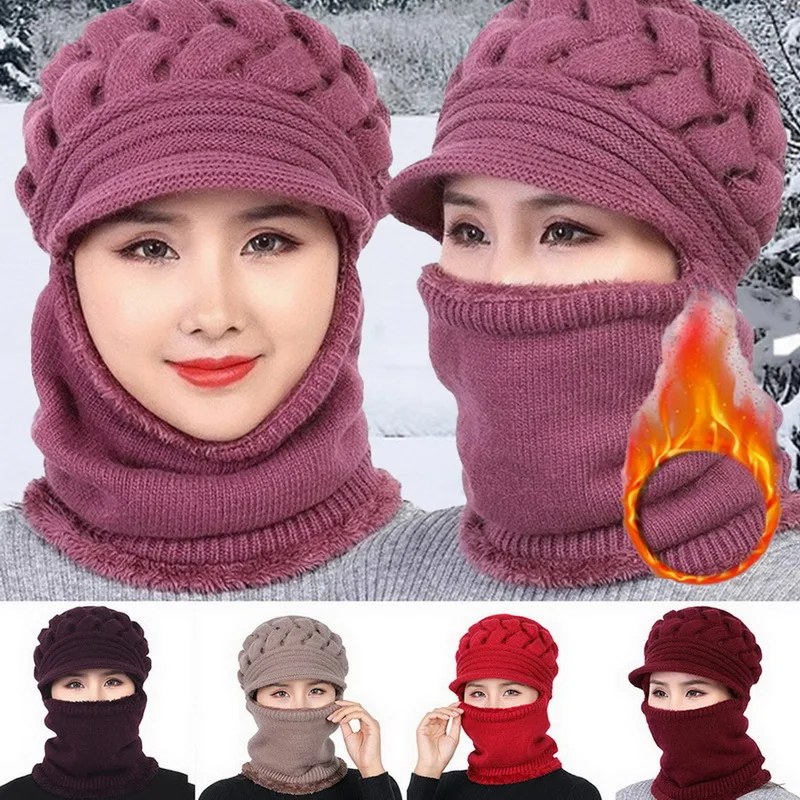 Coral Fleece Winter Hat Beanies Women's Scarf Warm Breathable Wool Knitted For Women Double Layers Protection Caps | Аксессуары для