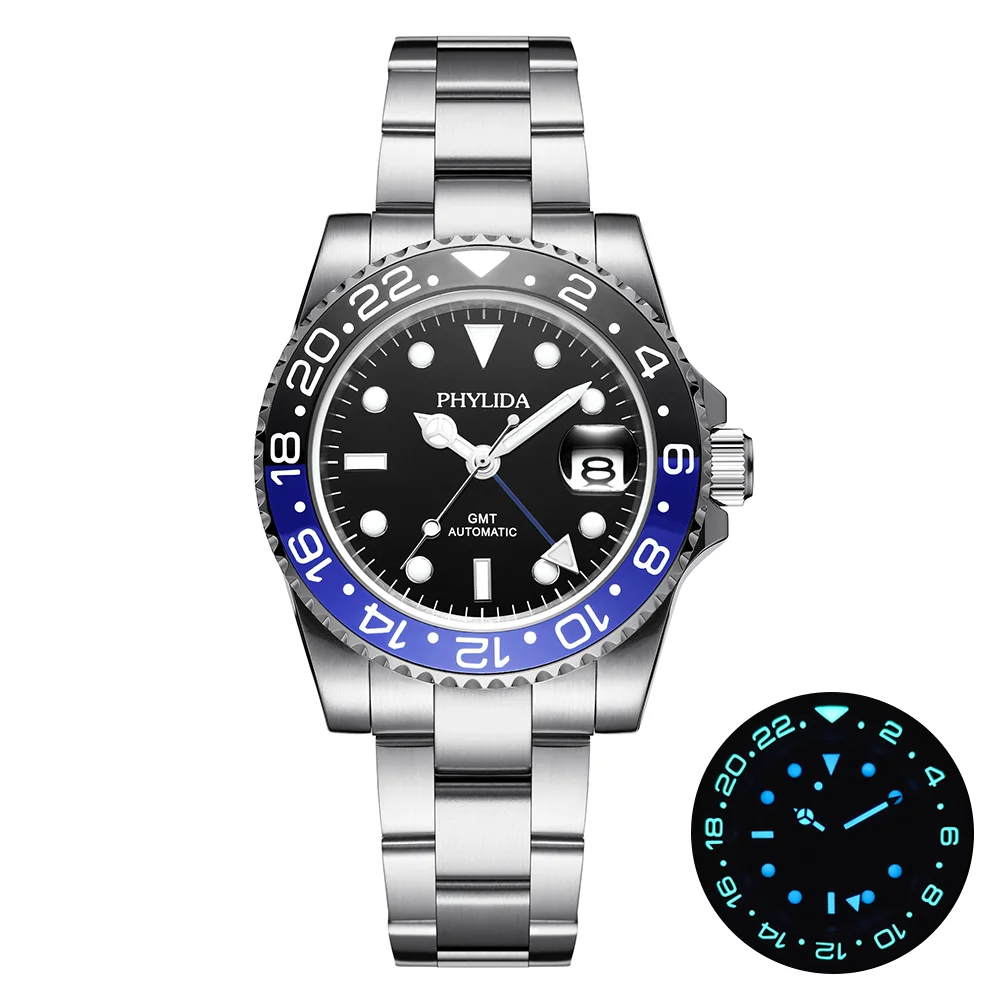 Фирменные водонепроницаемые мужские часы PHYLIDA 100 м GMT двойной раз Бэтмен