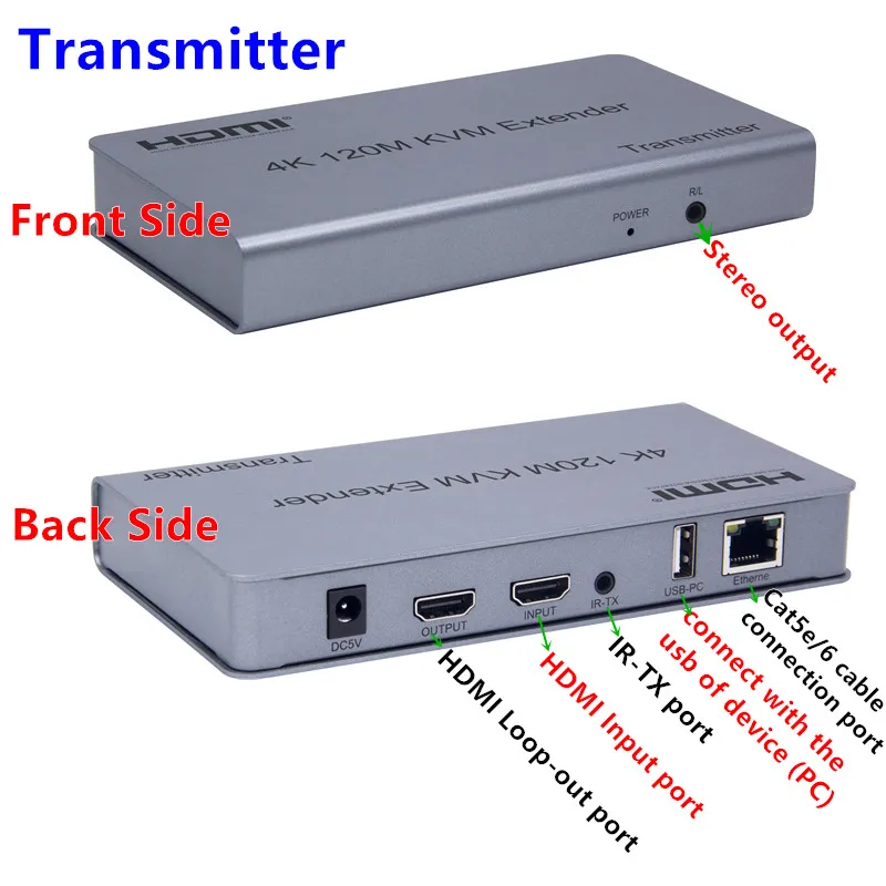 4K HDMI KVM удлинитель USB мышь/клавиатура удлинитель 120M Cat/RJ45/LAN/UTP сетевой кабель, ИК-управление, TX/RX 3,5 мм R/L аудиовыход