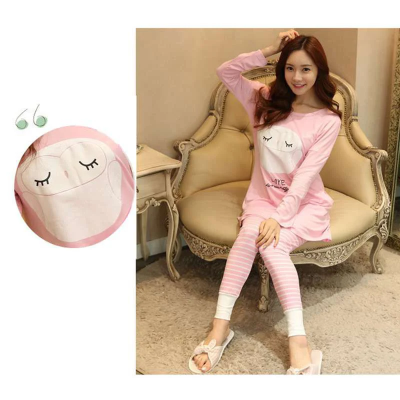pink owl 2 шт./компл. детские носки с тонким, пижамный комплект с длинными рукавами и изображением Для женщин Демисезонный Домашняя одежда костюм - Цвет: pink owl
