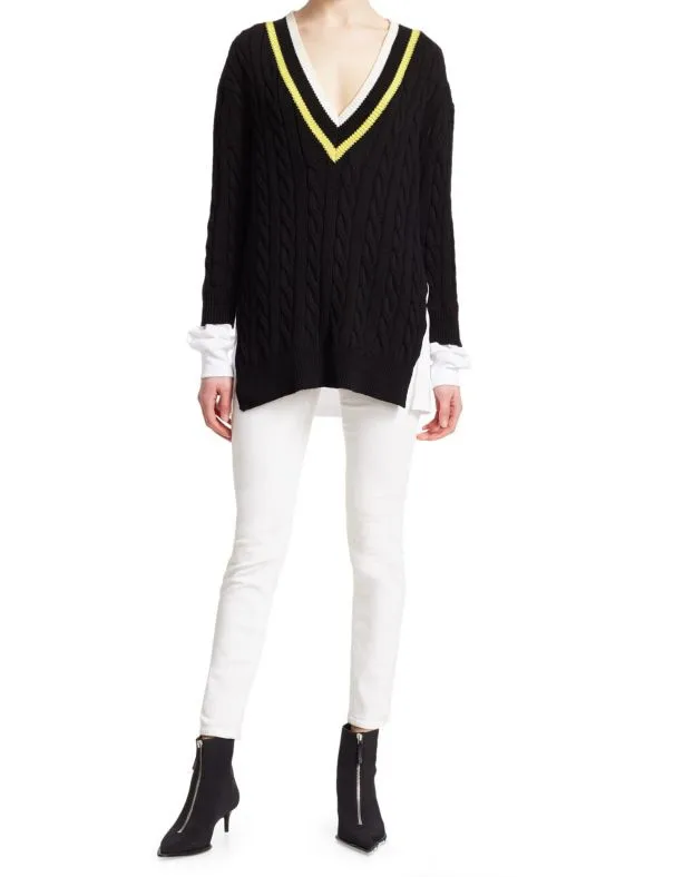 

Hit Color Patchwork V Neck Knitted Sweater Casual Loose Knitted Pullover Tops