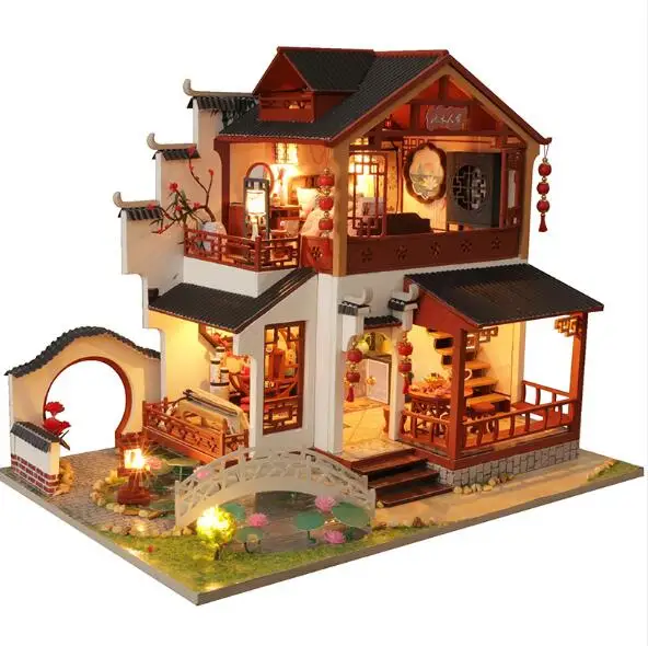 Китайский стиль DIY Кукольный дом мебель собирать деревянные миниатюрный кукольный домик Diy кукольный домик Рождественский подарок игрушки для детей