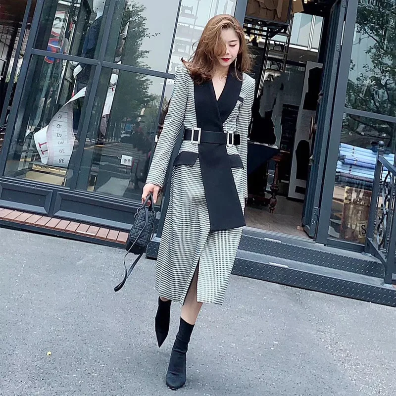 

Autumn And Winter New Style WOMEN'S Dress Europe And America High-End Big Brand Thousands of Birds Mid-length Overcoat Slim Fit