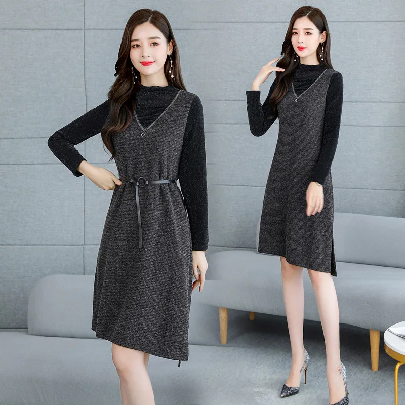 

2019 New Style Autumn And Winter WOMEN'S Knit Dress Short-height Slim Fit Waist Hugging Retro Slimming Elegant Base Skirt