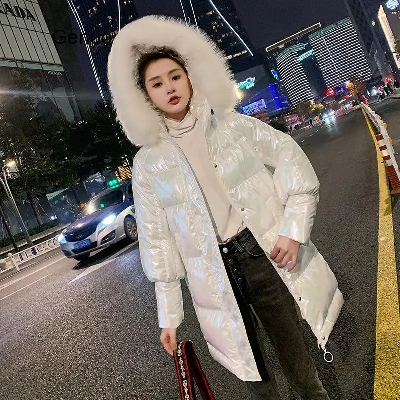 Bright White Winter Jacket Women New Hooded Fur Collar Long Winter Parkas Thicken Cotton Padded Coats Casual Women Jacket