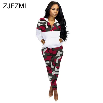 

Camo Pattern Sportswear Two Piece Sets Women Stand Collars Full Sleeve Pockets Sweatshirts and Long Pants Winter 2 Pcs Outfit