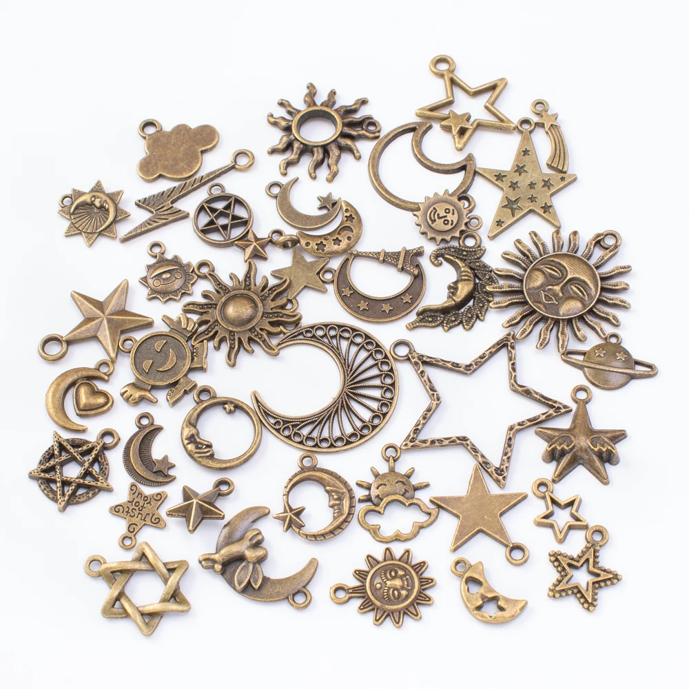 

40pcs 40different Star moon sun Antique bronze Mixed Styles Charms Pendants DIY Jewelry for Necklace Bracelet Making Accessaries