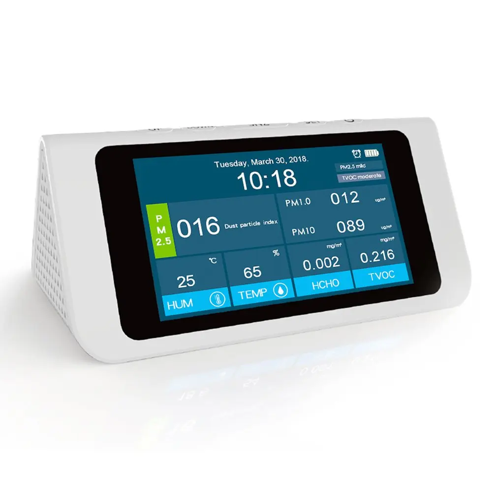 PM2.5/PM10/PM1.0/TVOC/тестер формальдегида AQI анализатор качества воздуха детектор Контроль температуры и влажности счетчик смога с будильником