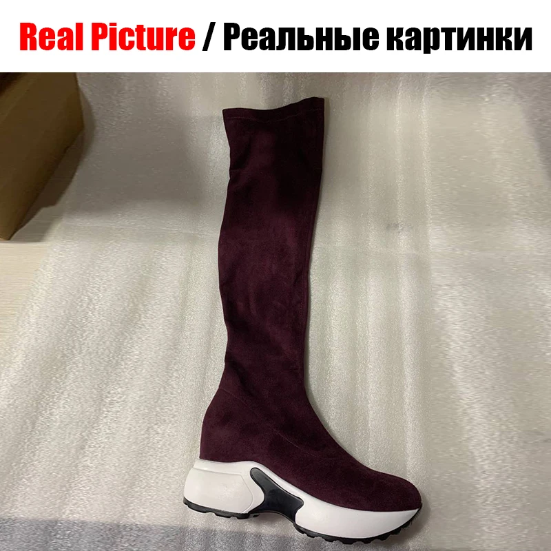 BONJOMARISA/Новинка; элегантные эластичные сапоги на платформе; женские модные сапоги до колена; женская обувь на танкетке средней высоты; коллекция года; размеры 34-43