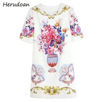 

Herudoan Fashion Designer Summer Women Loose Vintage Short Dress Gorgeous Crystal Sequined Floral Print Slim Ladies Mini Dress