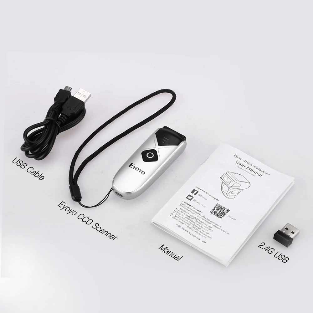 Eyoyo EY-015C CCD Мини Bluetooth сканер штрих-кода USB проводной и 2,4G беспроводной 1D Сканирование штрих-кода для iPad iPhone Android планшеты ПК - Цвет: White