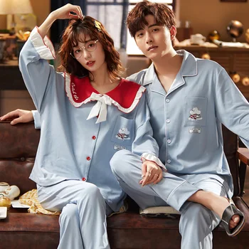

Couple Sleepwear Cotton Pajamas Set Long Sleeve and Long SleevePyjamas Suit Pijama Women Men Loungewear Pyjamas Set
