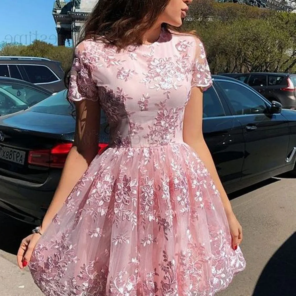 

Feitong Loose Summer Women's Dresses O-Neck Short Sleeve Mesh Patchwork Lace Vestido Party Beach Elegant Mini Vestidos Mujer