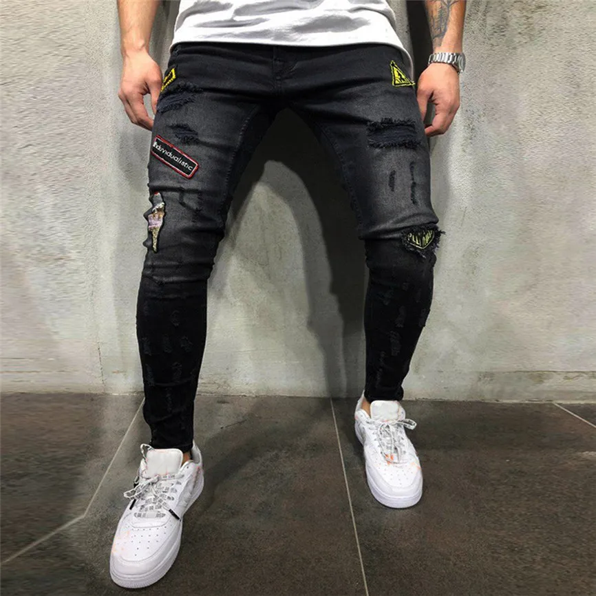 Джинсы мужские Весна мужская одежда состаренные джинсы Freyed Slim Fit повседневные брюки рваные, Стретч джинсы