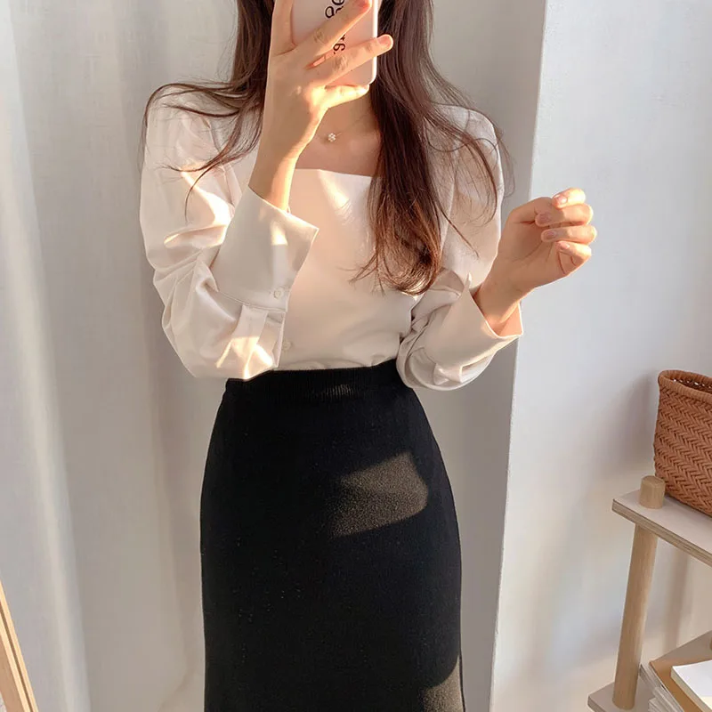 

Korean Chic Office Lady Shirts 2020 Spring Summer Stylish Square Collar Lantern Sleeves Casual Tops Women Elegant Shirt Top