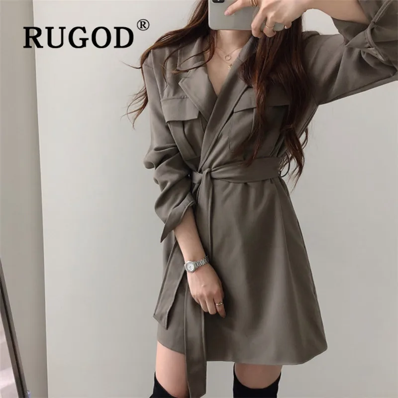 RUGOD, винтажное офисное женское мини платье, элегантное, с вырезом, простое, с длинным рукавом, платья для вечеринок, vestido, модное, однотонное, на шнуровке, платье