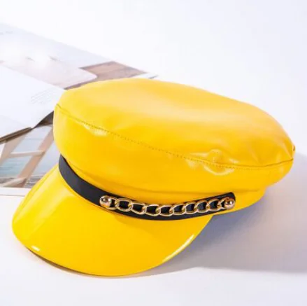 Yellow 2 Модный берет из лакированной кожи, высокое качество, женские шапки, одноцветная шляпа с плоским верхом, из ПУ кожи, громоздкая Кепка, женская шляпа панка - Цвет: Yellow 2