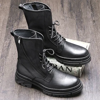 

Men Genuine Leather Martin Boots Male Vintage Fashion Casual Cowhide Motorcycle Boots Shoes Lace-up Outdoor Tooling