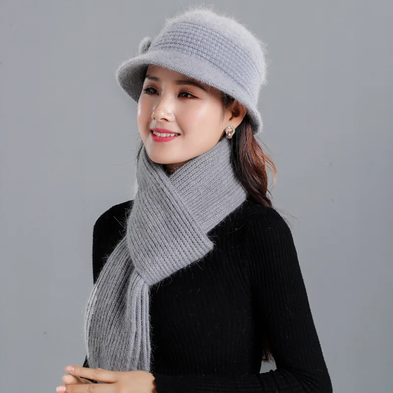 Высококачественный шарф из кроличьей шерсти, шапка, модная теплая женская шапка, вязаный шарф, зимняя шапка, подарок для мамы и шарфы, 2 шт