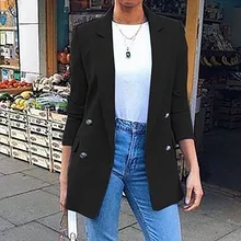 JAYCOSIN Роскошный Блейзер с карманами, Женская однотонная куртка с отложным воротником, пальто с длинным рукавом, парка, верхняя одежда, офисная одежда, повседневное пальто