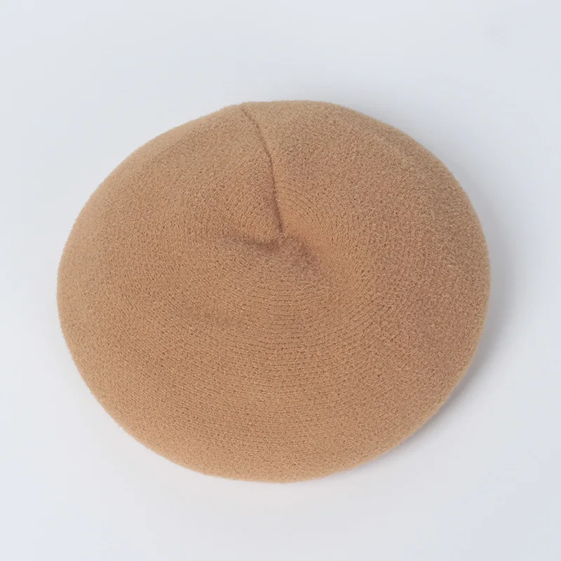 Berets Double-faced Woolen Goods Knit Beret Warm wool Women Autumn Winter Solid Color Versatile Painter Cap Wild - Цвет: Camel