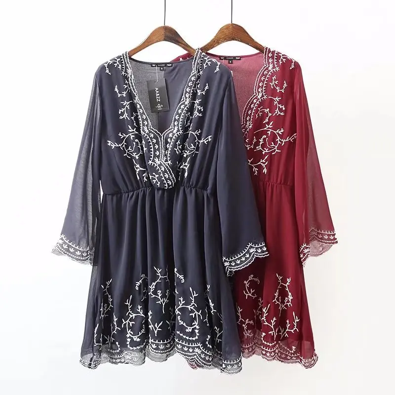 

2018 Spring Europe And America Women's Dress New Style Embroidered Long Sleeve Chiffon Dress 8798