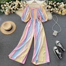 

Vacation style jumpsuit autumn new women's design tie dye gradient rainbow color sweet puff sleeve elastic waist wide leg romper