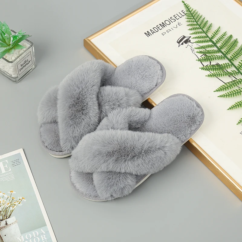2021 New Winter Faux Fur Indoor Slippers Rabbit Plush Cross-strap Cotton Sandalias Women Flats Sandales Female Shose 