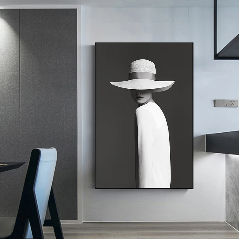 

DDHH Wall Art Picture Canvas Print Figure Painting For Living Room Beauty Portrait in Hat Home Decor No Frame