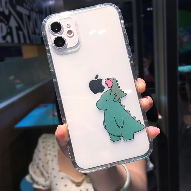 Cute Cartoon Animal Dinosaur Couple Phone Case For iPhone 13 Pro Max 12 11 X XS XR 7 8 Plus SE Transparent Soft Shockproof Cover eat apple dinosaur