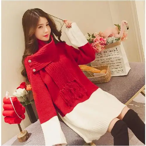 red sweaters Весна/осень женская одежда компьютерная трикотажная Женская свитера длинный рукав шарф воротник пуловеры для беременных модные свитера - Цвет: red sweaters
