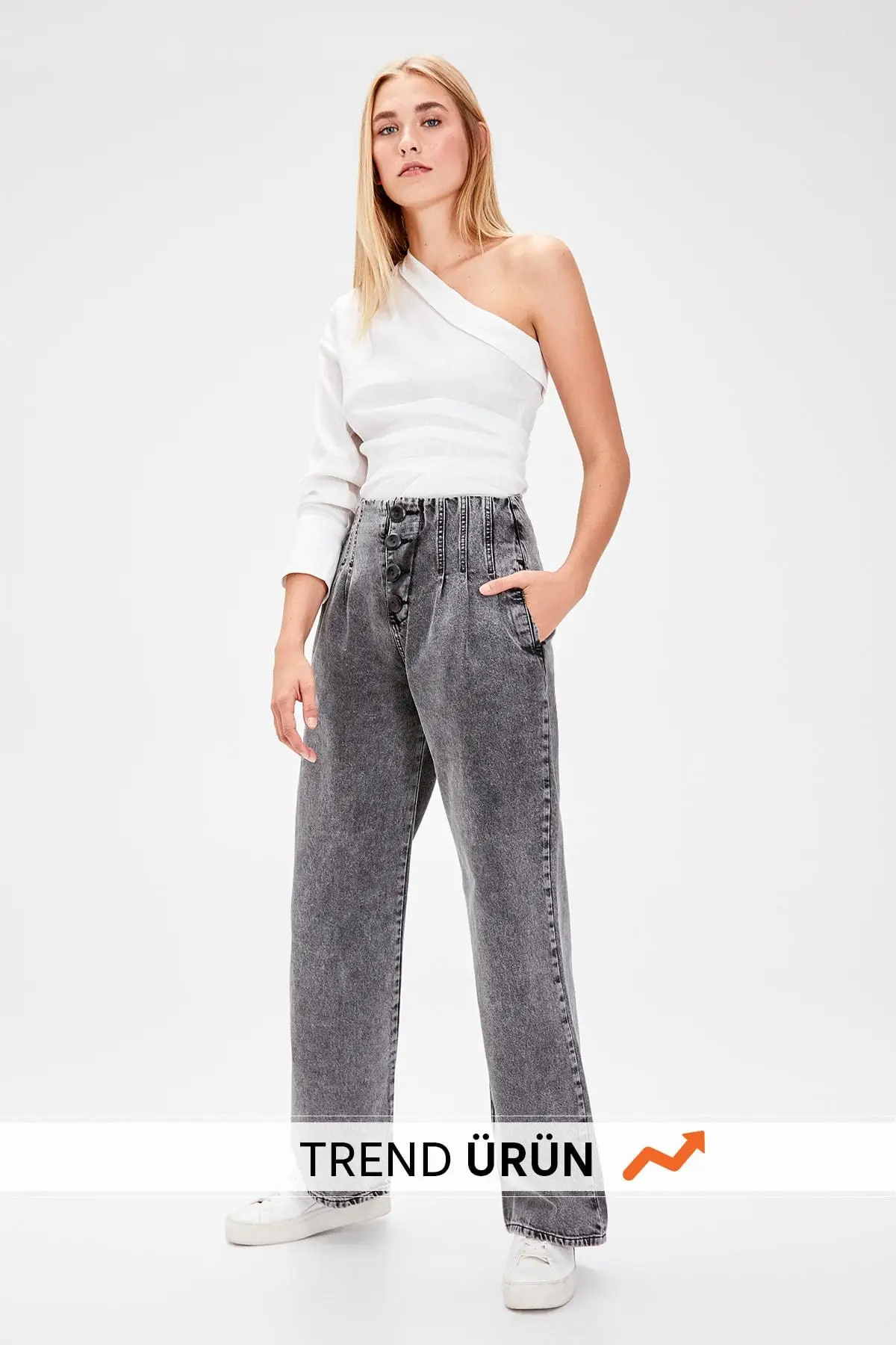 

Trendyol Anthracite Front Button Super High Waist Wide Leg Jeans TWOAW20JE0122