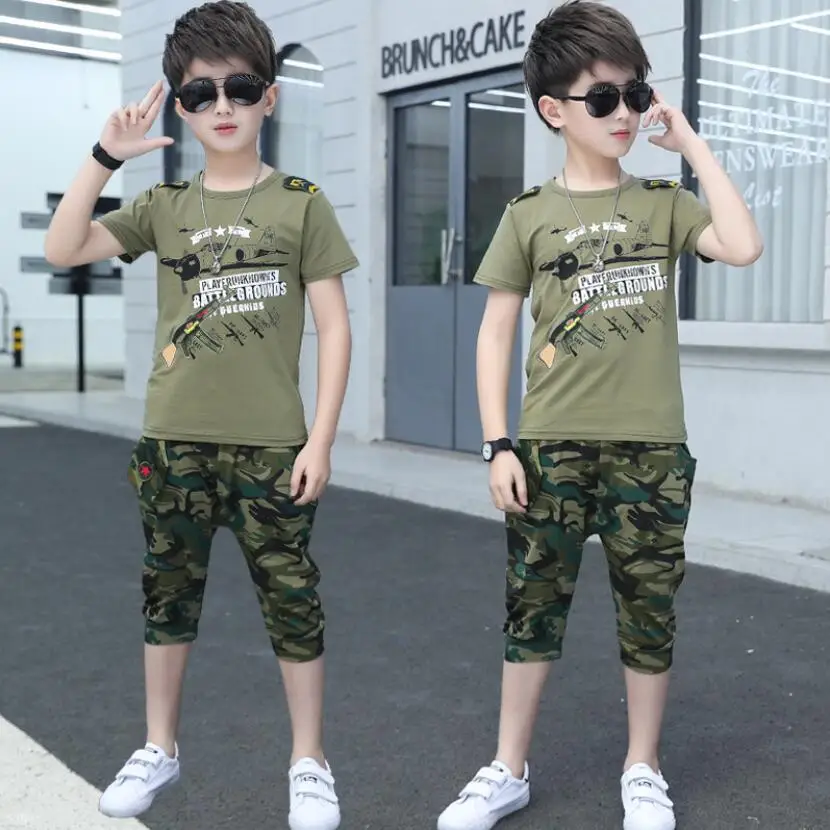 Boys Kids Vest T-Shirt Short Set Camo Army Camouflage Summer 