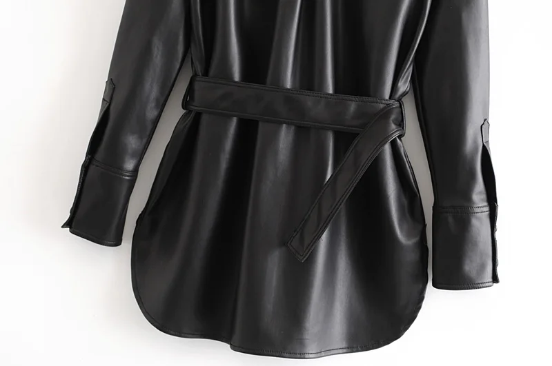 Звезда Светлячок дикий карман Za длинная куртка женская Повседневная однотонная тонкая с поясом искусственная кожа PU кожаная куртка для женщин