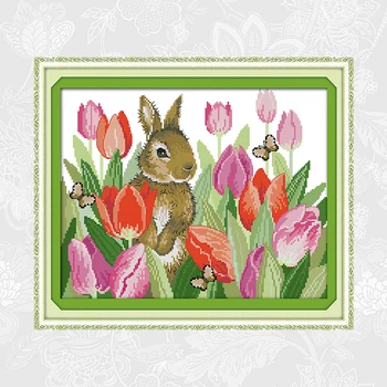 

The rabbit in tulips Printed Fabric 14CT 11CT Cross Stitch kits Embroidery Handmade Needlework Accessory Sets Home Decoration