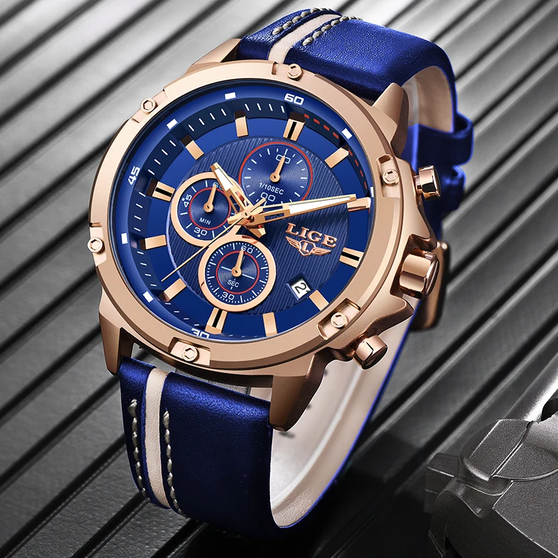 

2020LIGE New Fashion Mens Watches Top Brand Luxury Big Dial Military Quartz Watch Leather Waterproof Watch Men Relogio Masculino