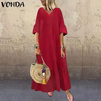 

VONDA Women 2020 Autumn Long Maxi Dress Fashion Woman Tunics Flare Sleeve Sleeve Shirt Dress Party Vestidos Plus Size Robe Femme