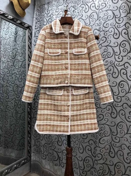 

2020 Early Autumn New Women's Lapel Mixed Color Stripe Woven Long-Sleeved Coat + Overskirt Set 808