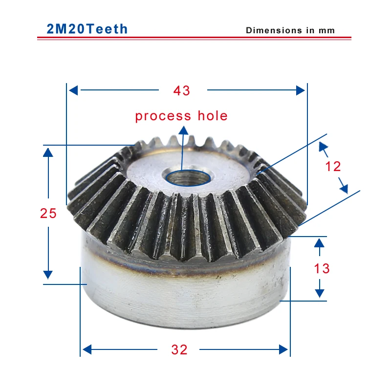 

2M20 teeth bevel gear outer diameter 43 mm total height 25 mm process hole low carbon steel material gear