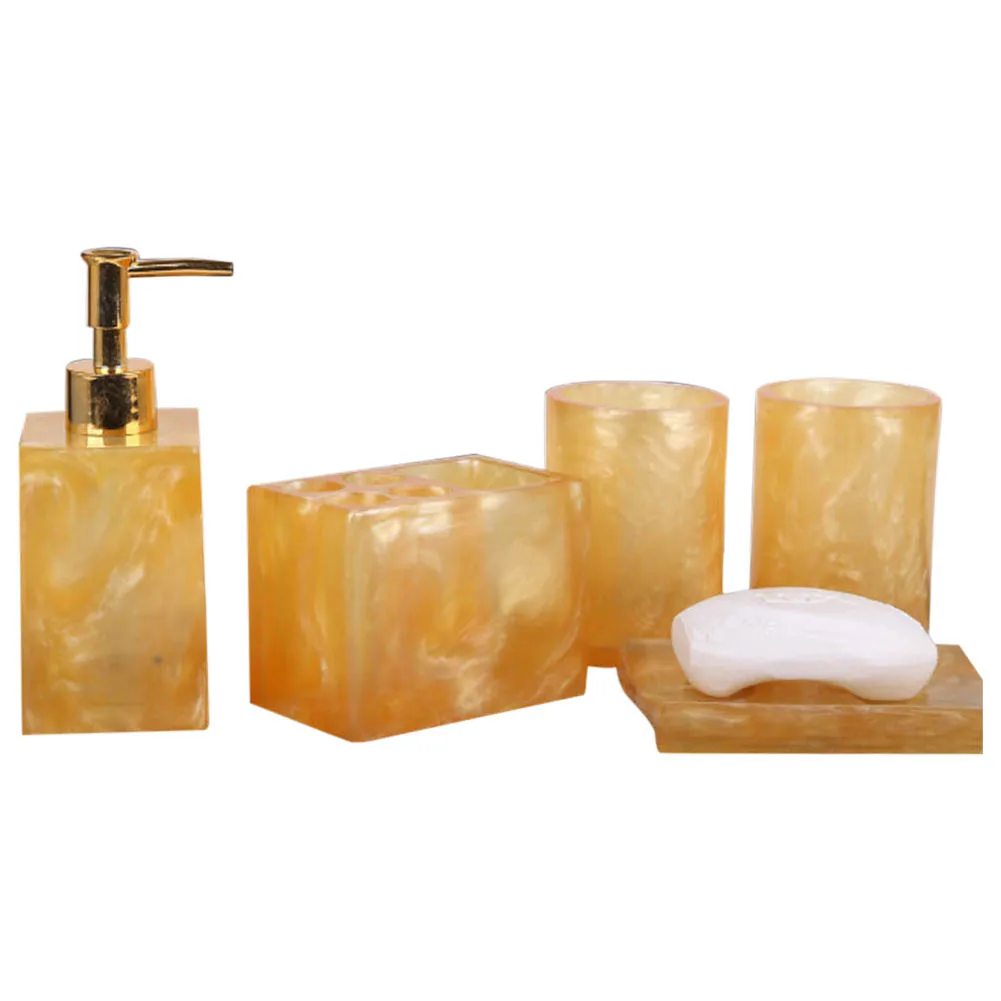 5 шт. пластиковые принадлежности для ванной набор дозатор лосьона с насосом+ держатель зубной щетки+ мыльница+ 2 набор стаканов JS21 - Color: Yellow