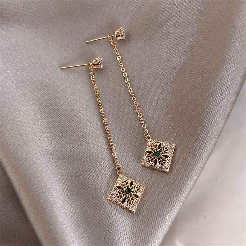 

FYUAN Vintage Hollow Alloy Drop Earrings for Women Long Precision Inlay Green Crystal Dangle Earrings Weddings Jewelry Gifts