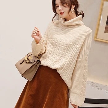 

100% Cashmere Sweater High-end Brand FRSEUCAG Lady's Wool Sweater Solid Knit Full Sleeve Turtleneck Pullover Loose Comfortable