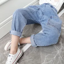 Джинсы для мальчиков и девочек осенняя одежда г. Новые стильные штаны-шаровары для детей и родителей корейский стиль, для больших мальчиков, в западном стиле