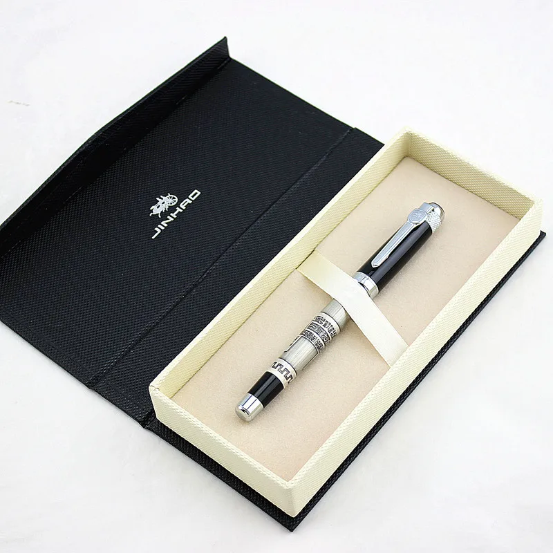 Серебристая черная Шариковая ручка Jinhao, черные шариковые ручки для школы, офиса, высокое качество, Подарочная коробка для друзей - Цвет: PEN AND BOX